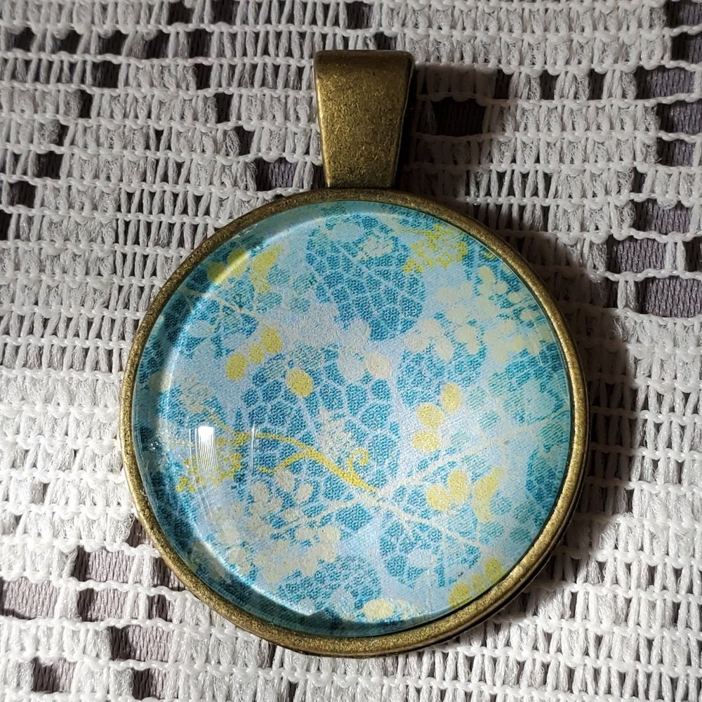 Green Leaves Glass Cabochon Pendant - Handmade